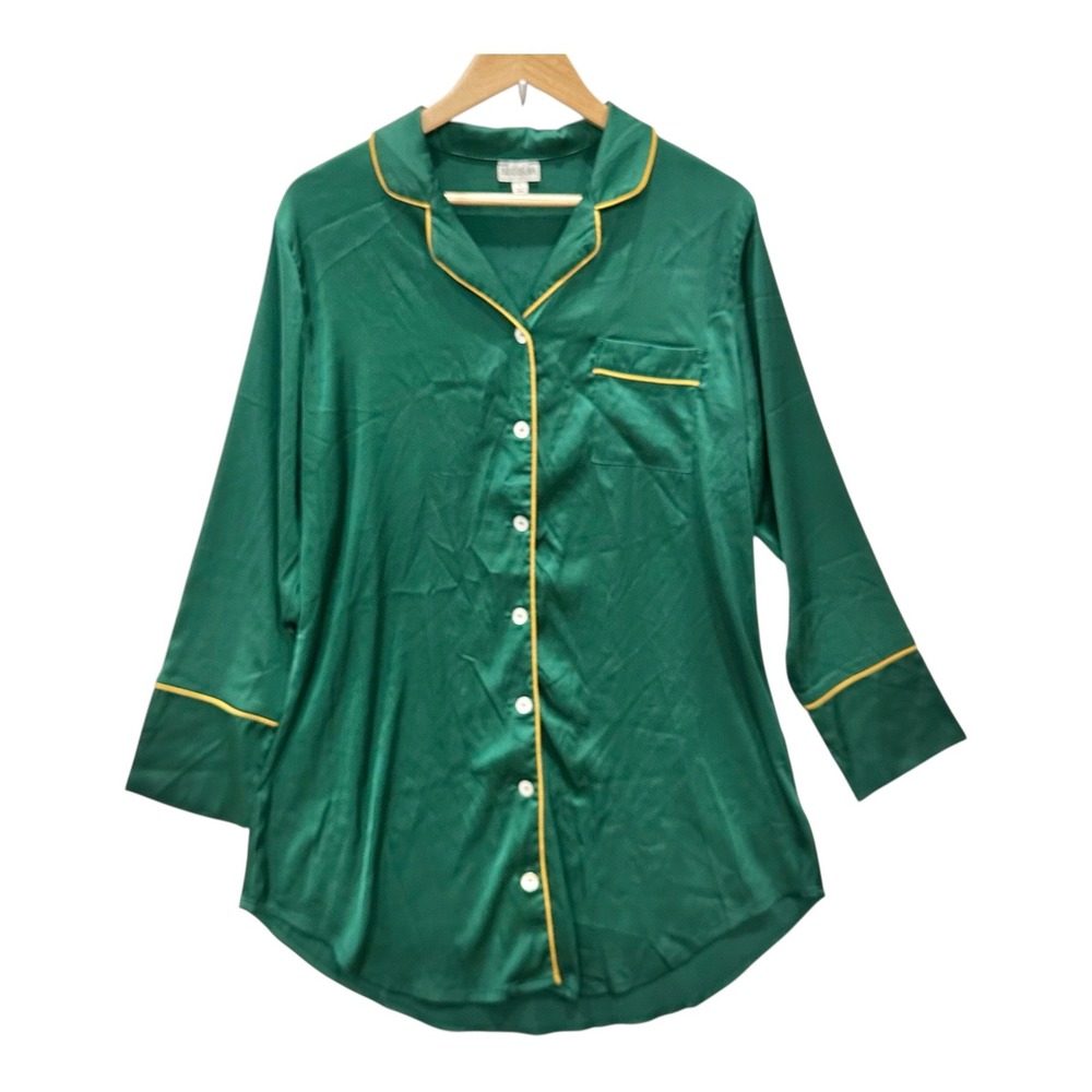 Kilo Brava Green Satin Sleep Shirt Yellow Piping Button Up Nightgown Large